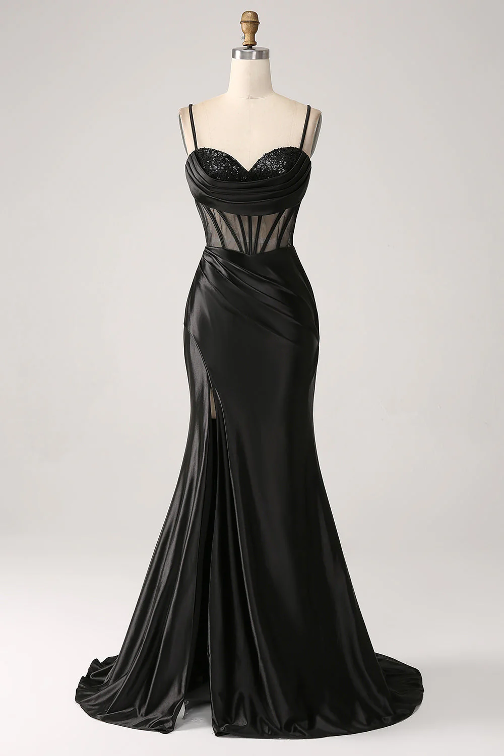 Mermaid Sweetheart Black Satin Long Prom Dress With Beading - VNBITS