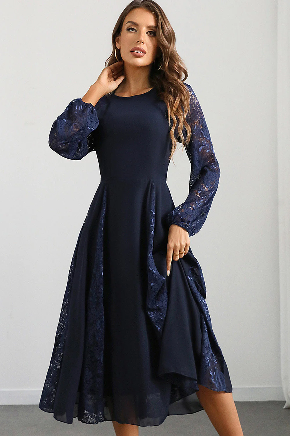 Navy A Line Round Neck Long Prom Dress with Long Sleeves - VNBITS