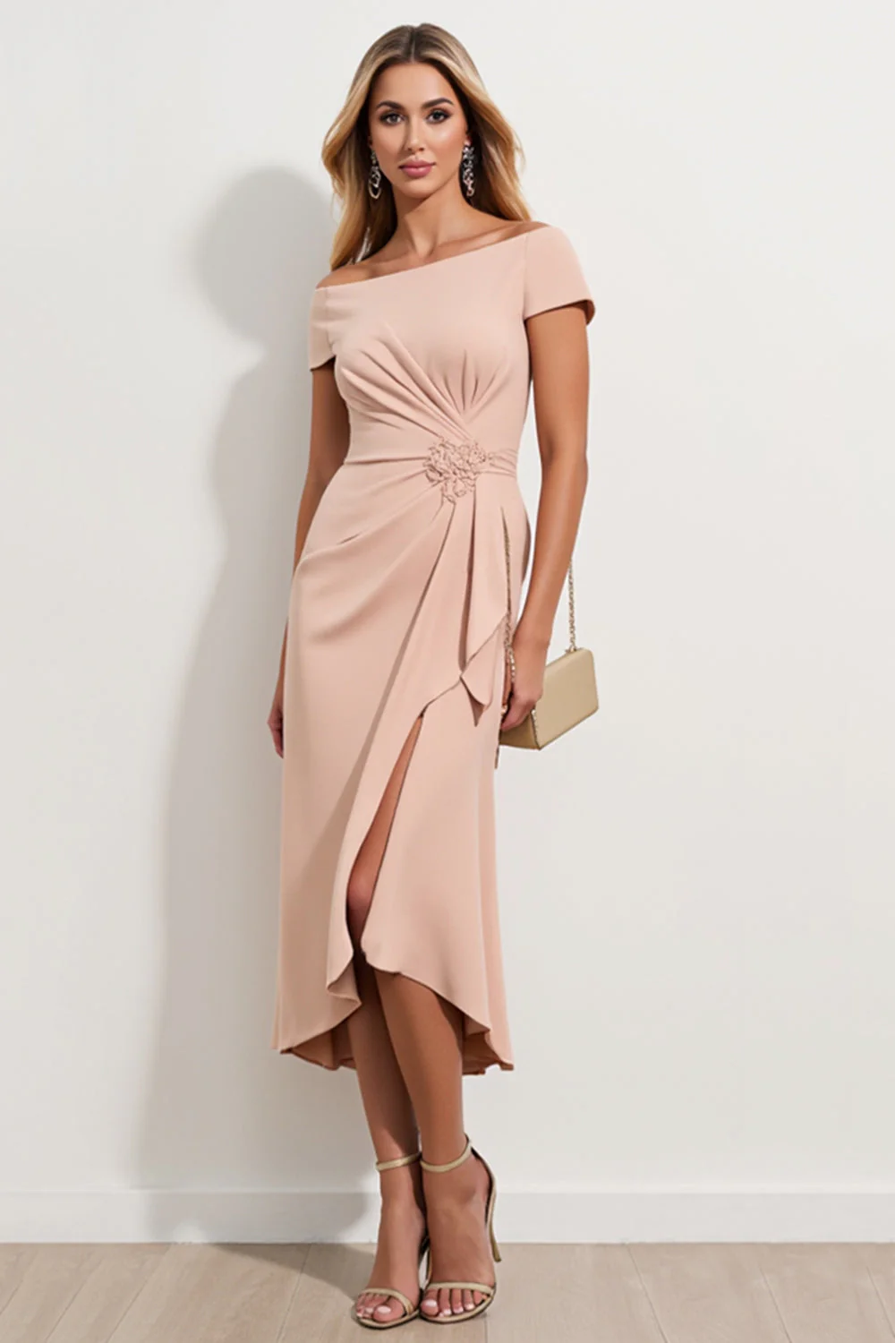 Apricot Sheath Ruched Long Mother of the Bride Dress with Short Sleeves - VNBITS