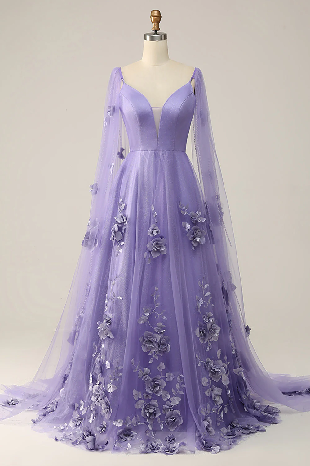 Purple Watteau Train Prom Dress With 3D Flowers - VNBITS
