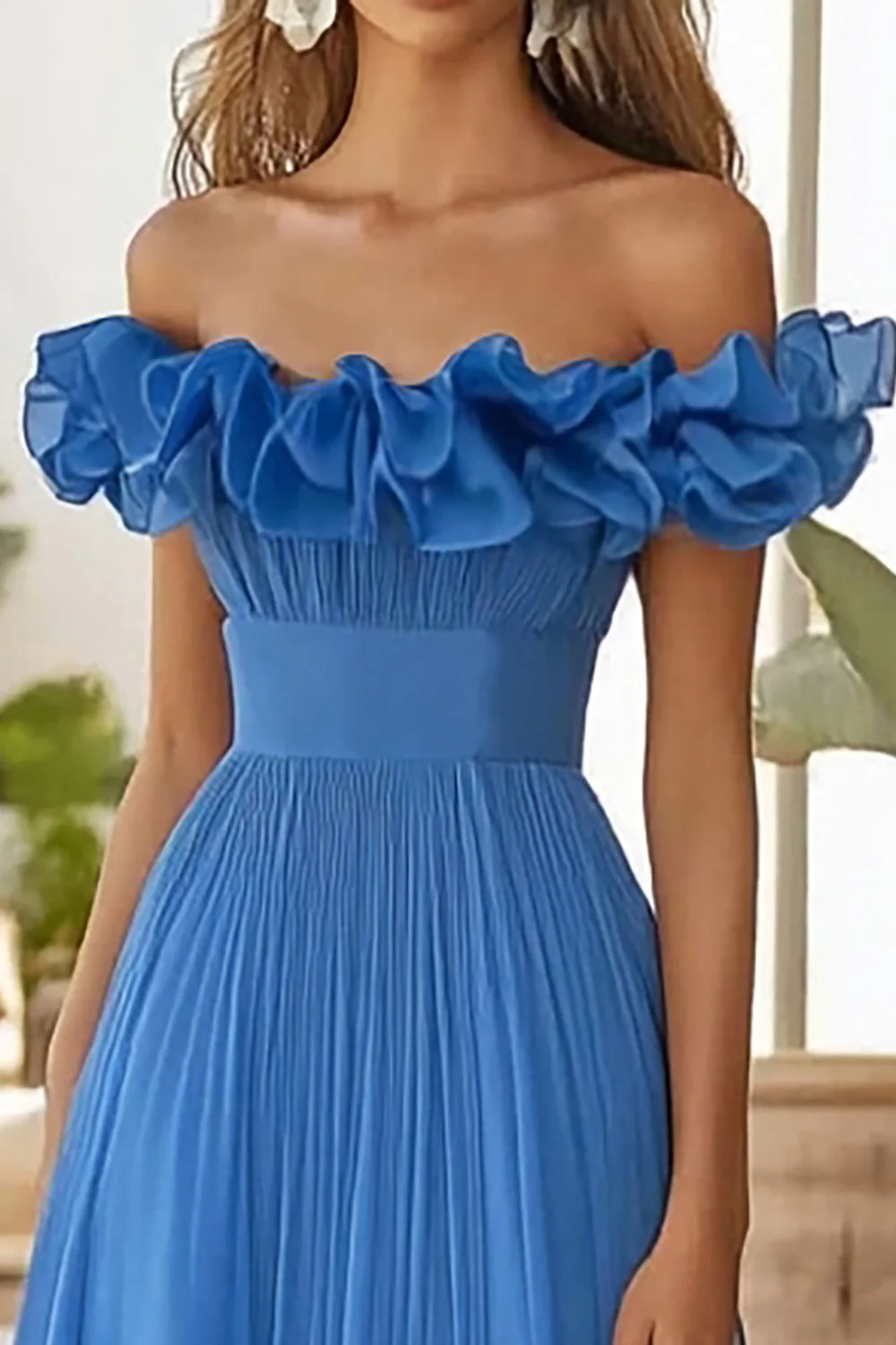 Blue Organza Long A Line Off the Shoulder Prom Dress with Slit - VNBITS