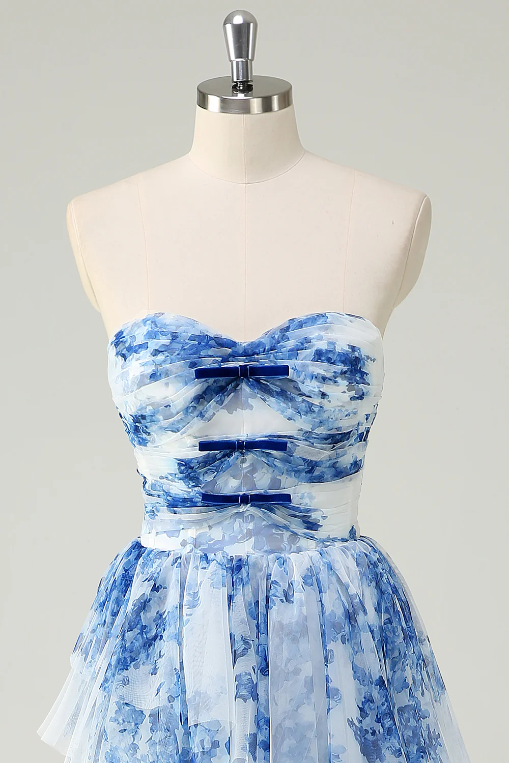 White Blue Flower Tiered Sweetheart A-Line Long Prom Dress - VNBITS