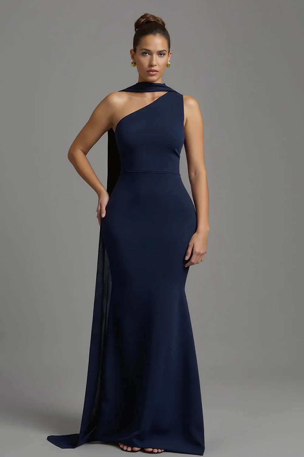 Navy Satin Mermaid Neck Scarf Long Formal Dress - VNBITS