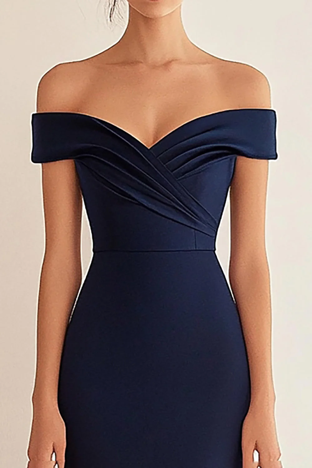 Navy Satin Off the Shoulder Sheath Long Formal Dress - VNBITS