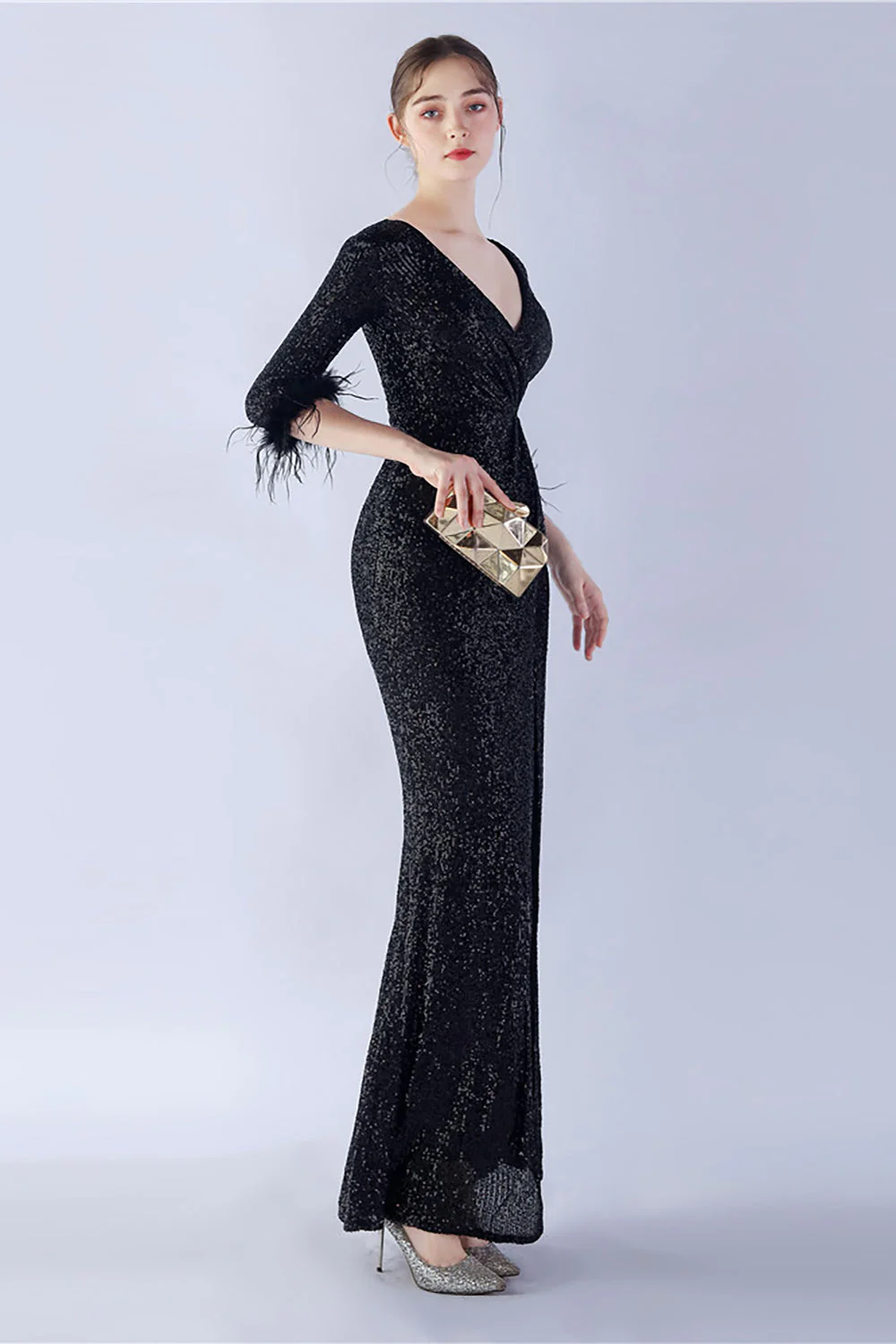 Navy Sequin V-neck Half Sleeves Sheath Formal Dress with Feather - VNBITS