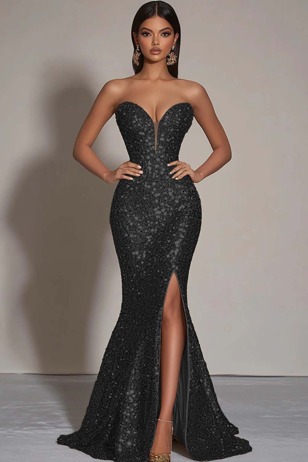 Sparkly Gold Mermaid Long Sequins Formal Dress with Slit - VNBITS