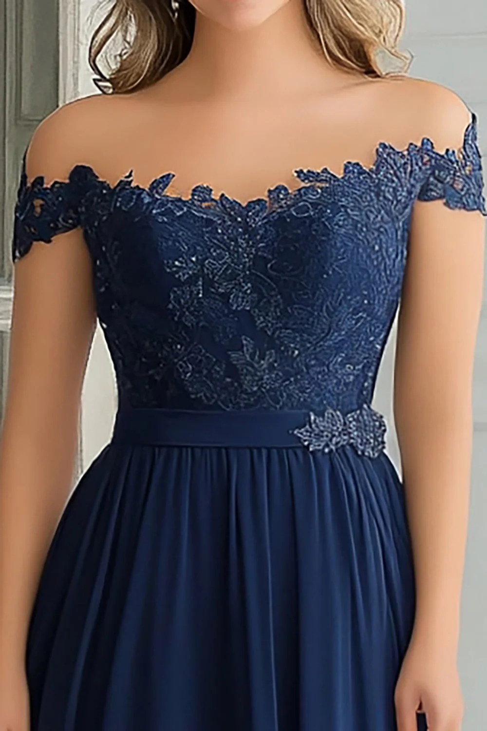 Elegant A-Line Navy Off the Shoulder Chiffon Long Mother Of the Bride Dress with Lace Appliques - VNBITS
