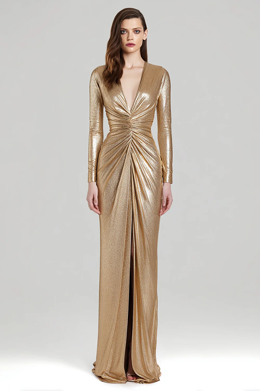Sparkly Gold Metallic V-Neck Sheath Ruched Long Formal Dress with Slit - VNBITS