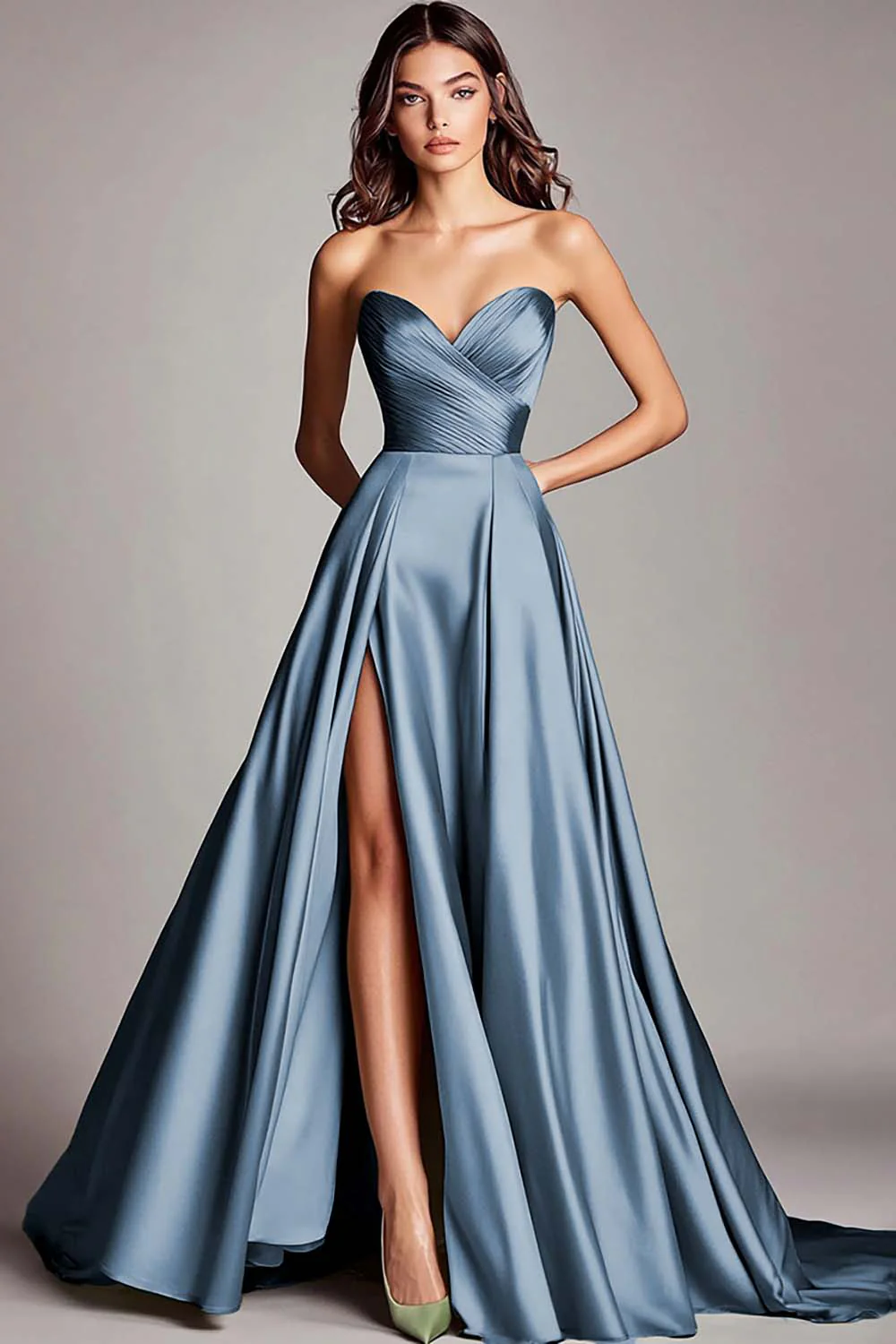 Dusty Blue Satin A Line Strapless Ruched Long Prom Dress with Slit - VNBITS