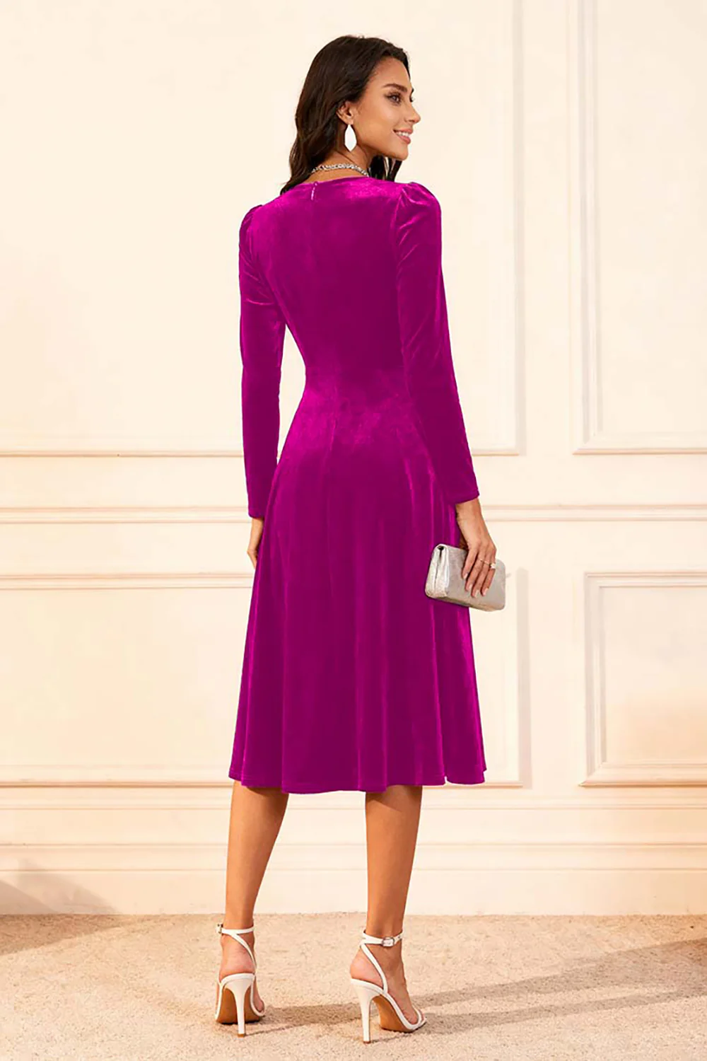 Dark Green A Line Velvet Midi Glitter Holiday Party Dress with Sleeves - VNBITS
