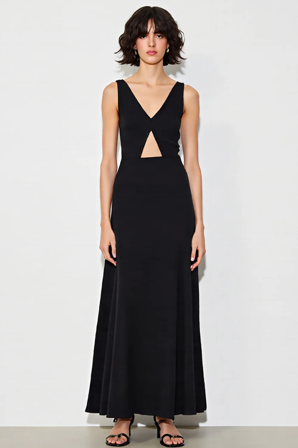 Satin A Line V-Neck Cut Out Long Black Tie Dress - VNBITS