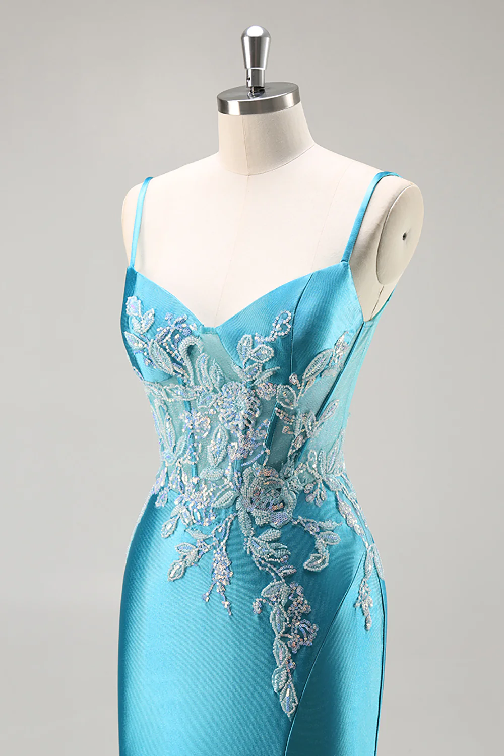 Blue Corset Appliqued Satin Mermaid Long Prom Dress with Slit - VNBITS