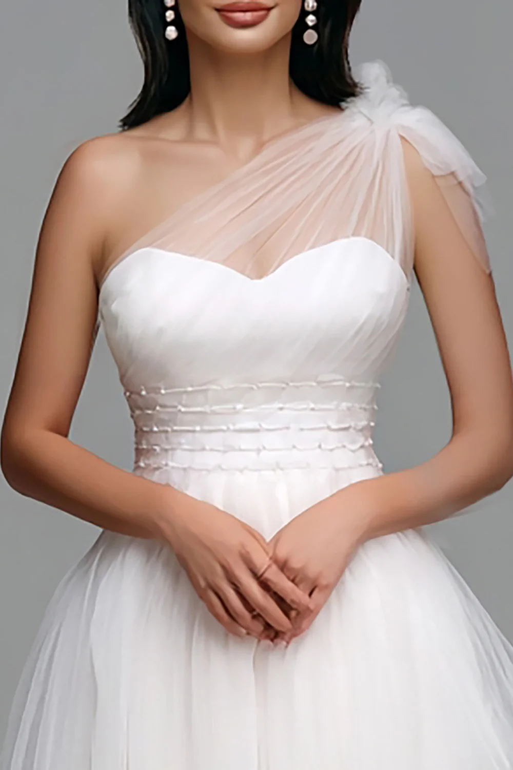 White One Shoulder Tulle A Line High Low Engagement Dress - VNBITS