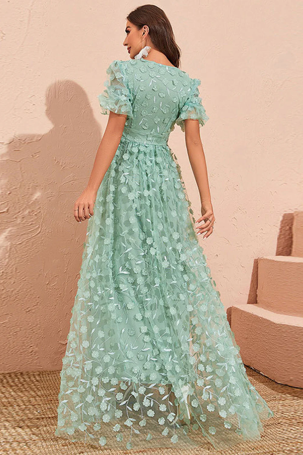 Green A Line Puff Sleeves Prom Dress with Appliques - VNBITS