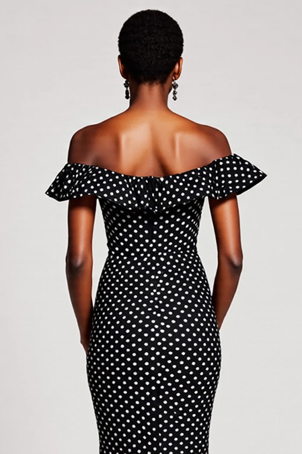 Black and White Mermaid Off the Shoulder Maxi Polka Dot Dress - VNBITS