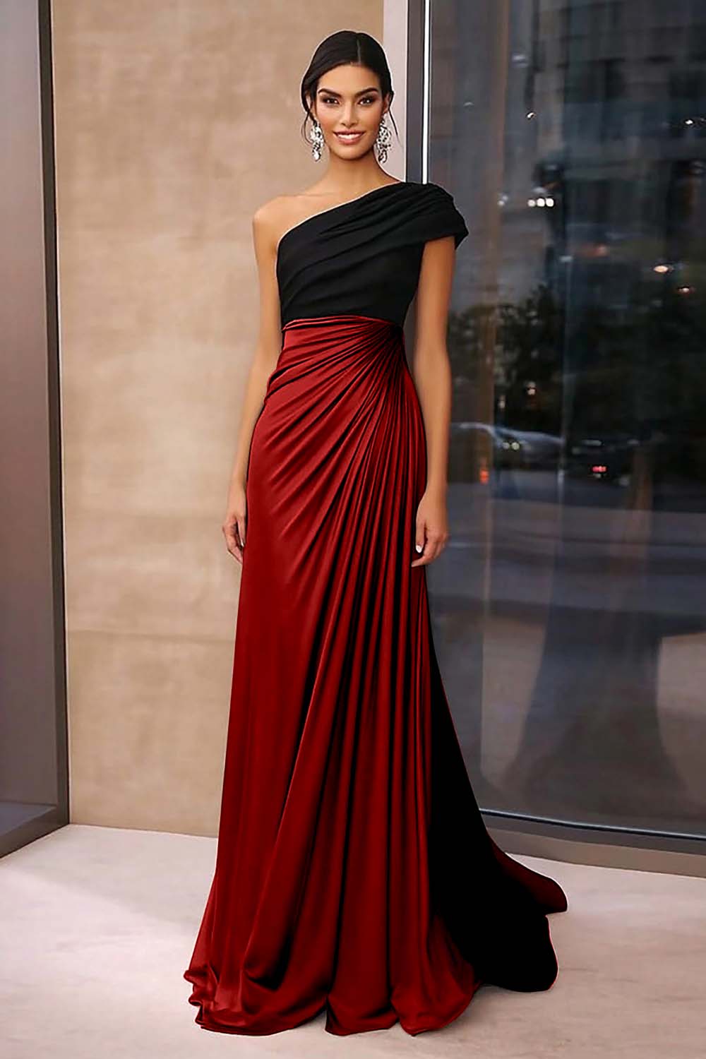 Brown Crepe Sheath Ruched One Shoulder Gala Dress - VNBITS