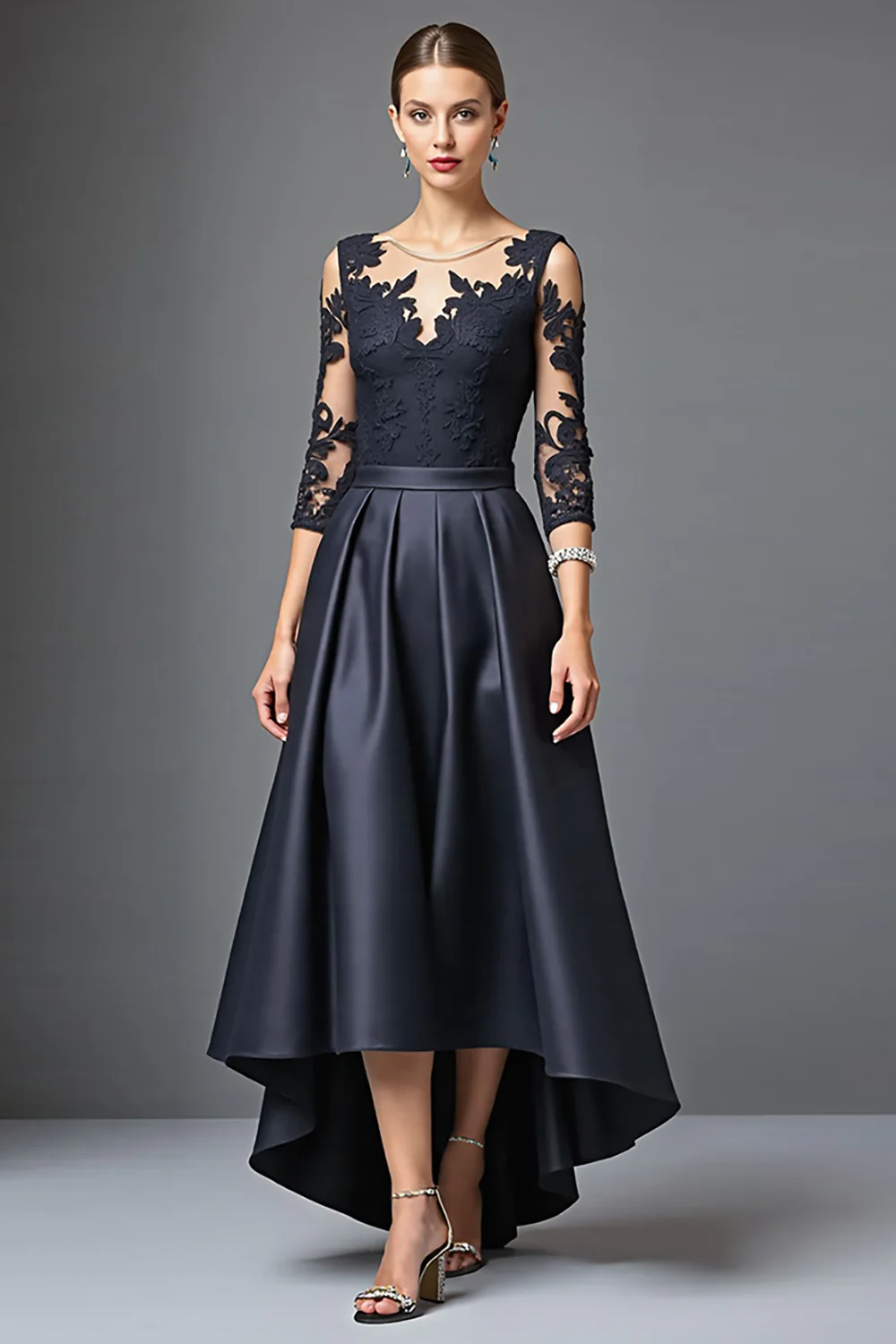 Black Satin A Line Long Mother of the Bride Dress with Lace - VNBITS