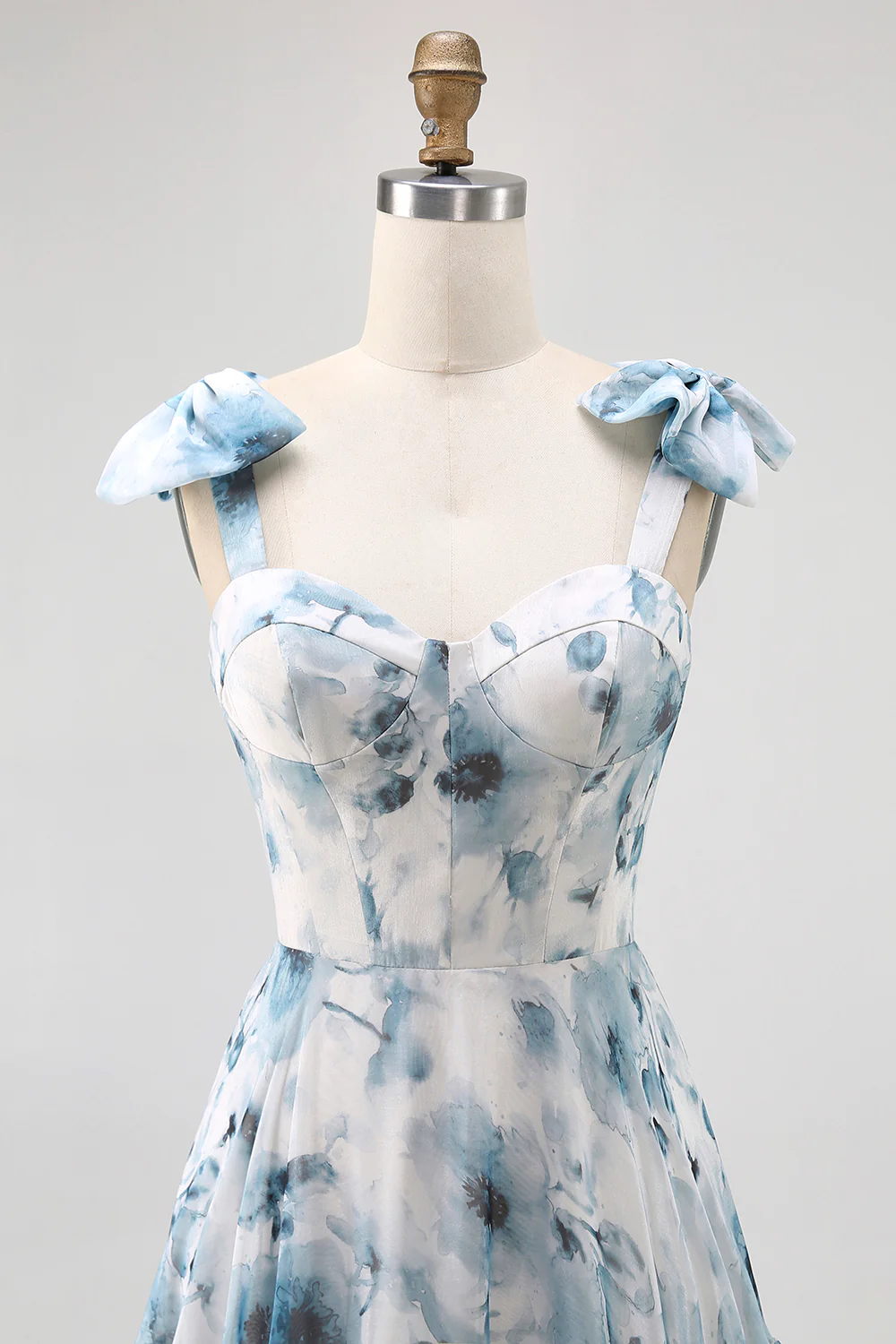 Blue A Line Floral Chiffon Long Bridesmaid Dress with Bows - VNBITS