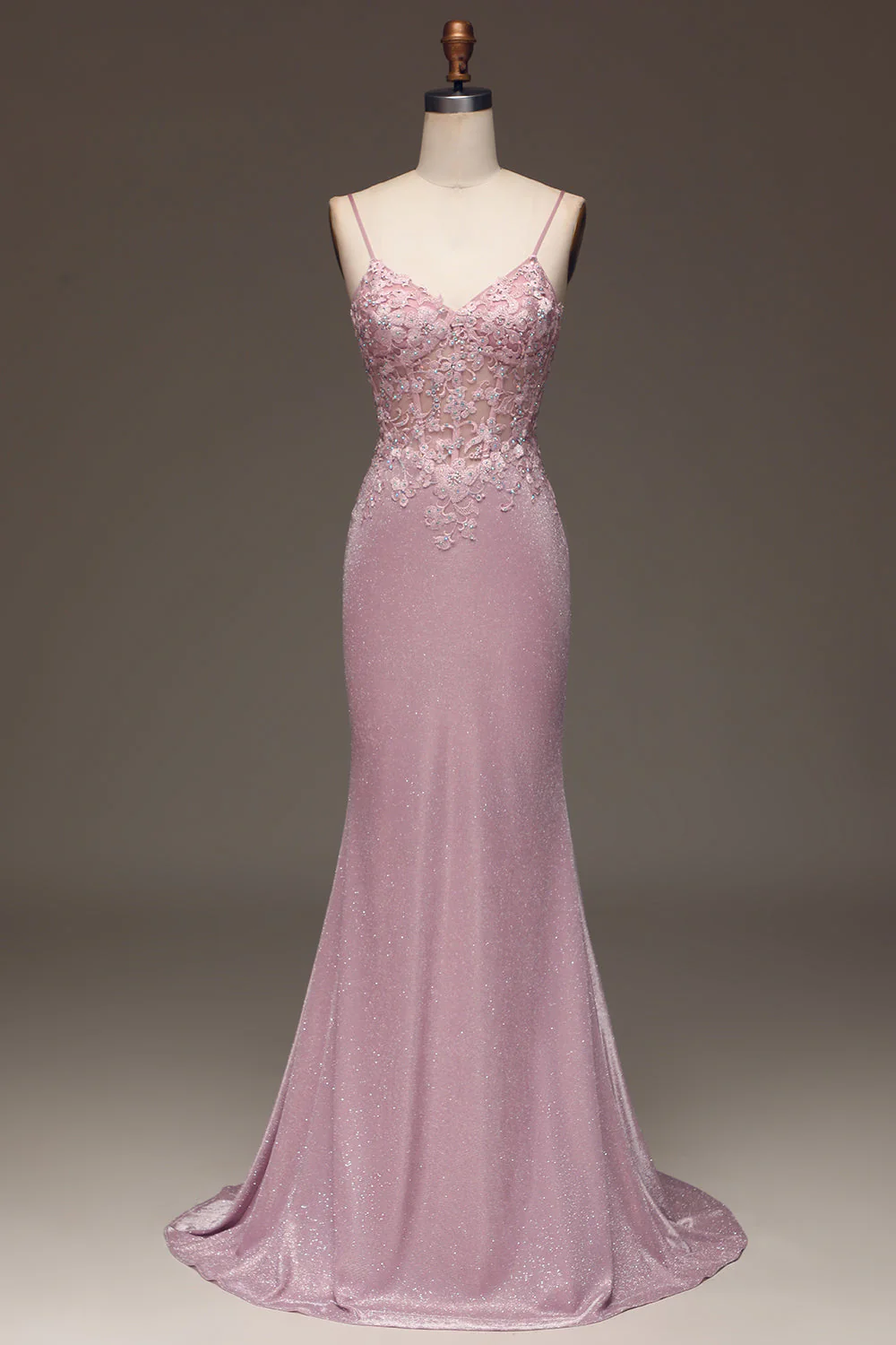 Glitter Blush Mermaid Spaghetti Straps Long Prom Dress with Beading - VNBITS