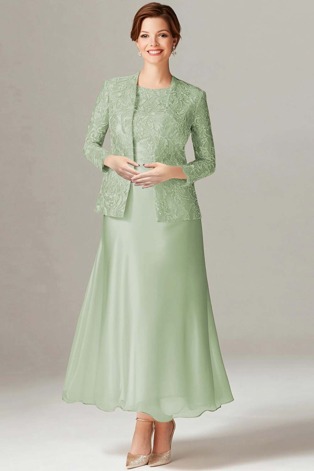 A-Line Boat Neck Dusty Sage 2-Piece Mother of the Bride Dress - VNBITS