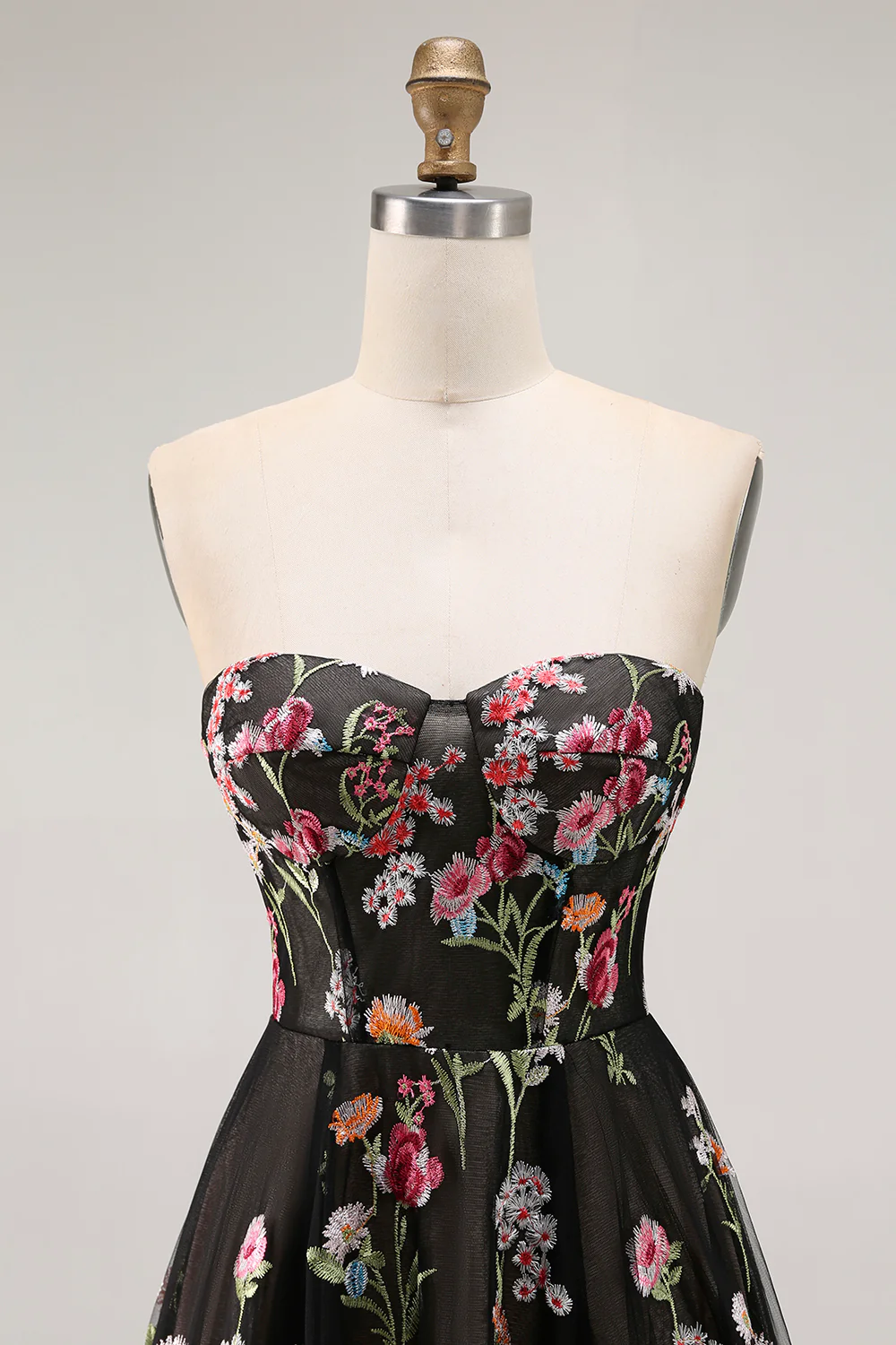 Black Strapless Floral A Line Long Prom Dress - VNBITS