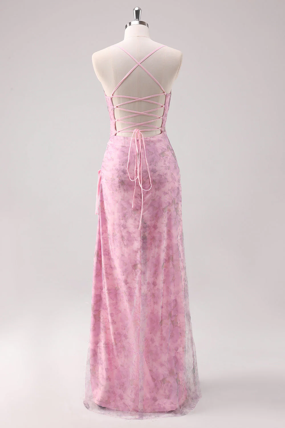 Pink Floral Spaghetti Straps Sheath Long Prom Dress - VNBITS