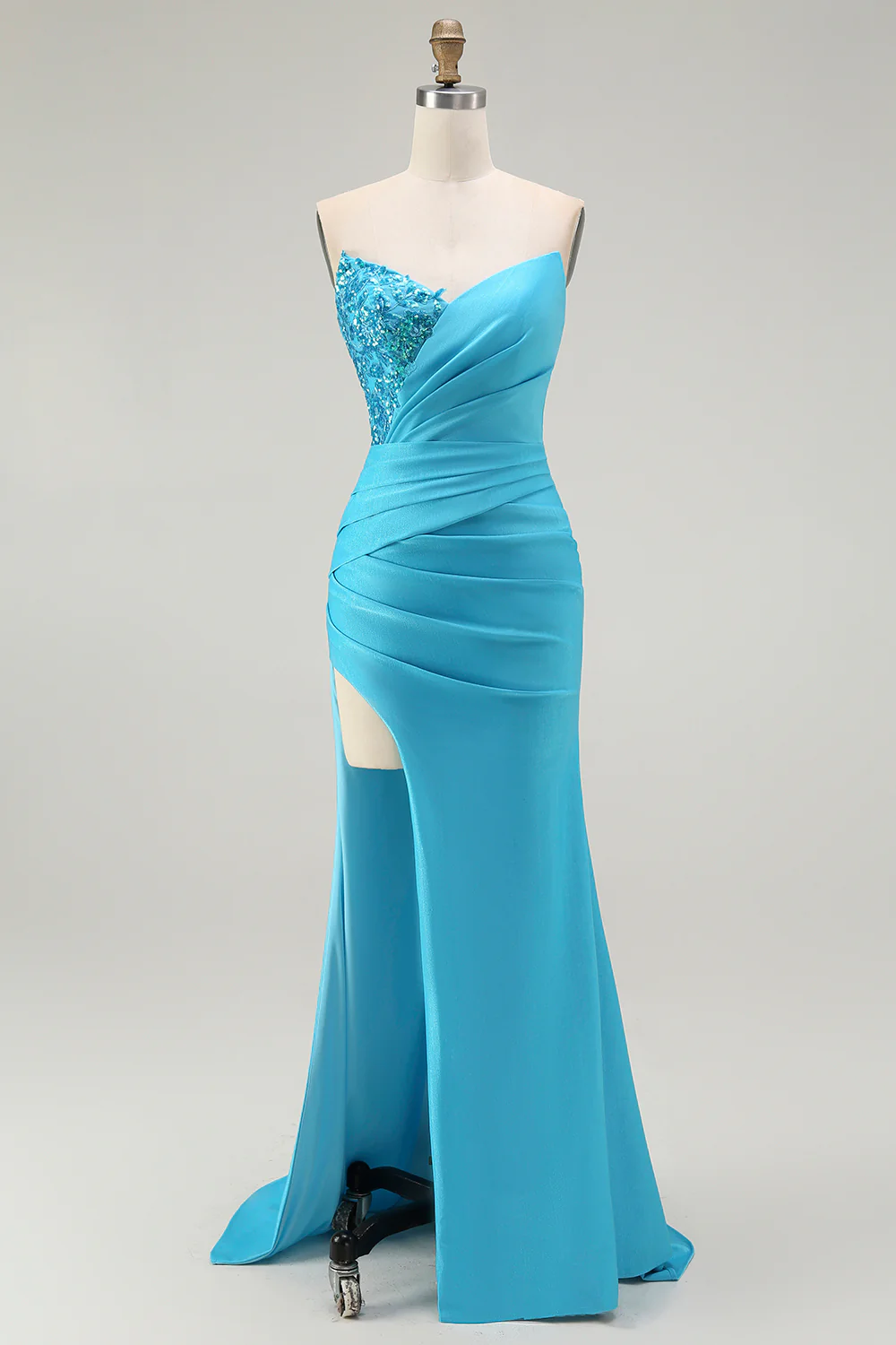 Sparkly Blue Satin Mermaid Ruched Long Prom Dress with Slit - VNBITS