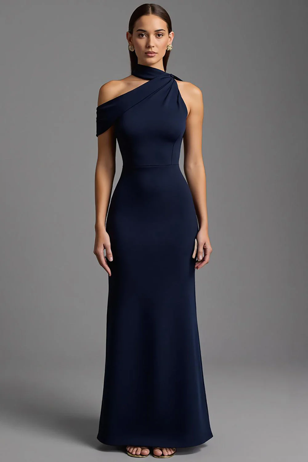 Navy Satin Sheath Asymmetrical Neck Long Formal Dress - VNBITS