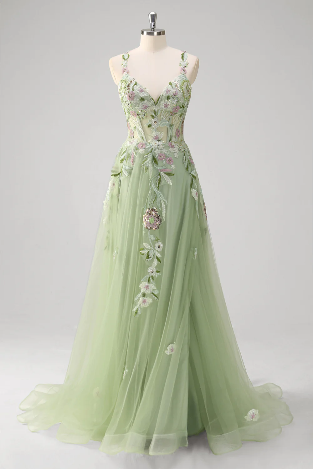 Green Floral A-Line Applique Tulle Long Prom Dress with Slit - VNBITS