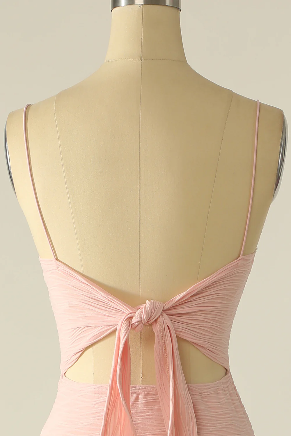 Pink Spaghetti Straps Cut Out Wedding Guest Dress With Bow - VNBITS