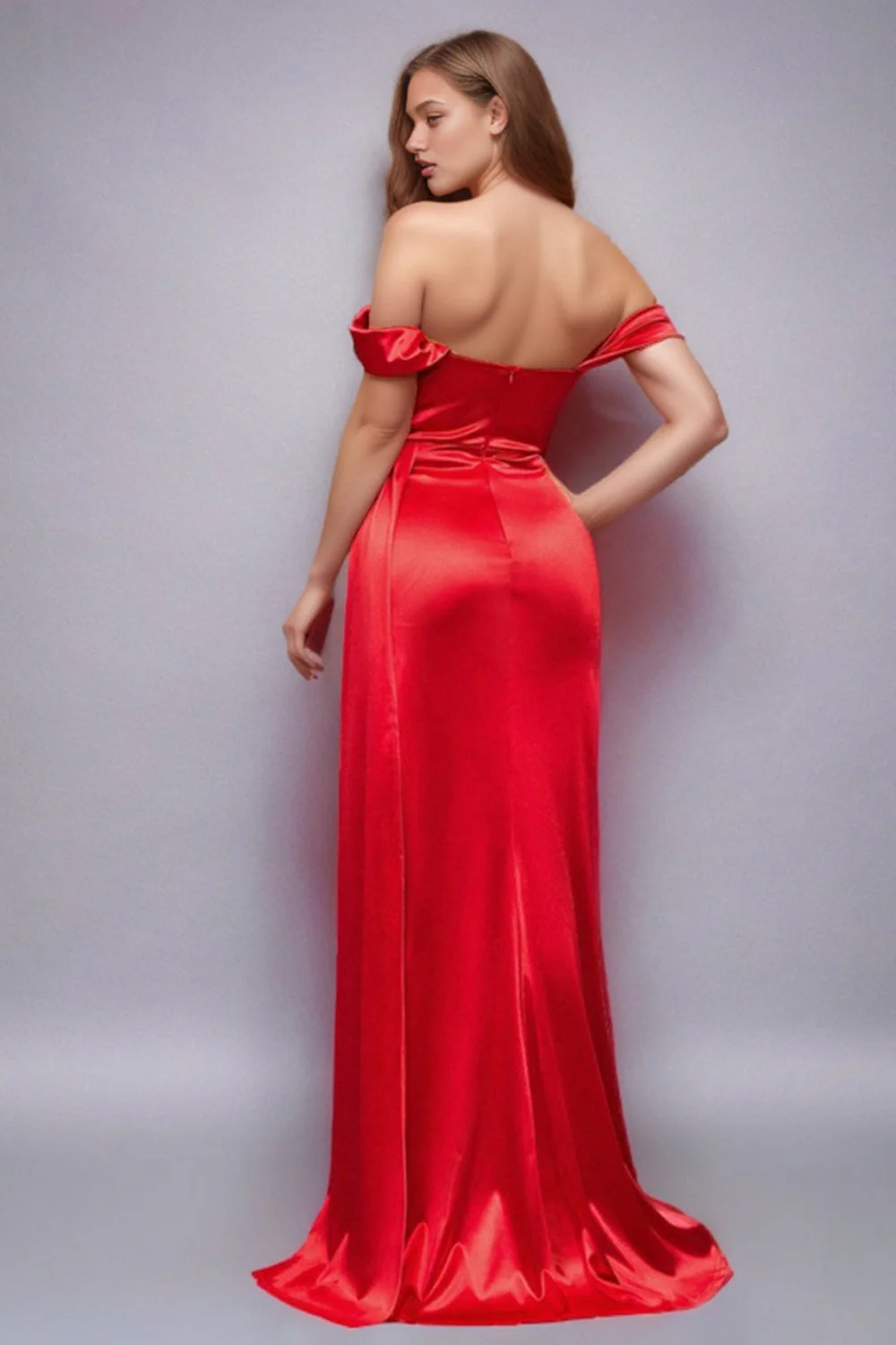 Green Mermaid Off The Shoulder Satin Prom Dress with Slit - VNBITS
