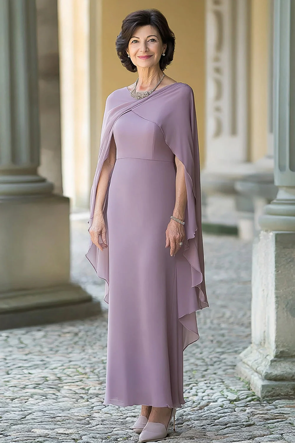 Lilac Sheath Chiffon Long Mother of the Bride Dress with Cape Sleeves - VNBITS