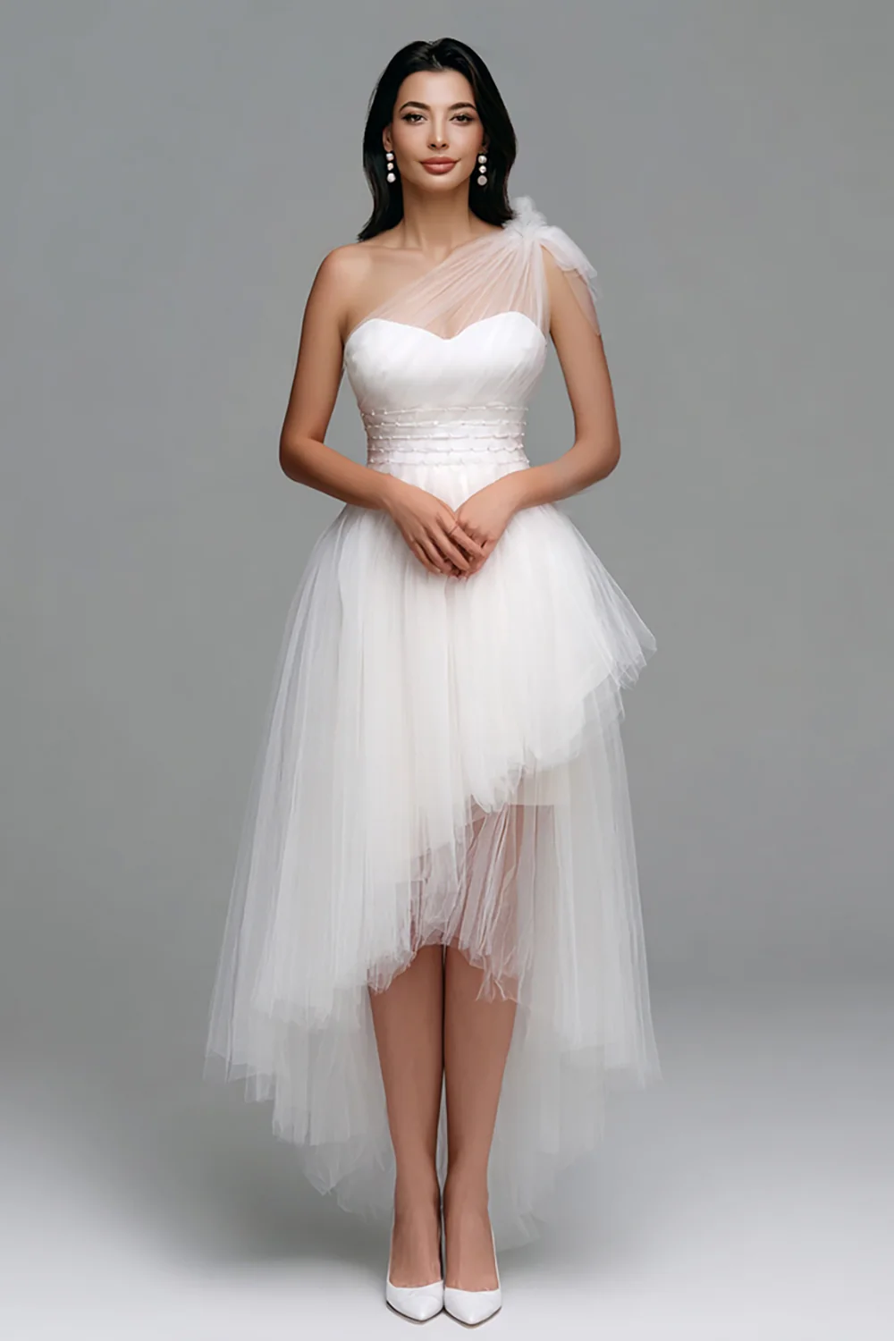 White One Shoulder Tulle A Line High Low Engagement Dress - VNBITS