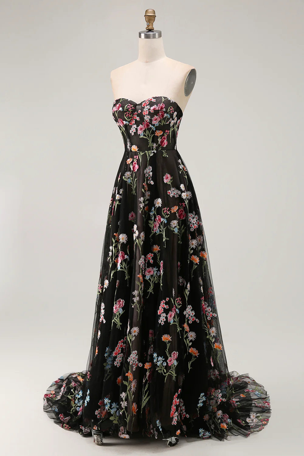 Black Strapless Floral A Line Long Prom Dress - VNBITS