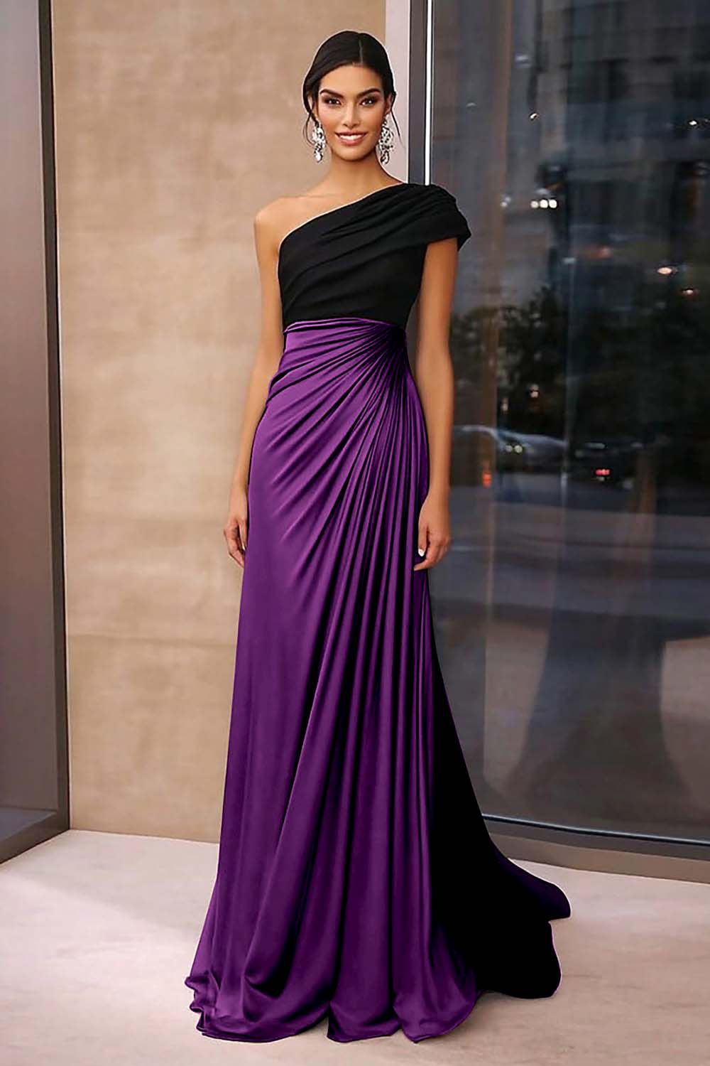 Brown Crepe Sheath Ruched One Shoulder Gala Dress - VNBITS