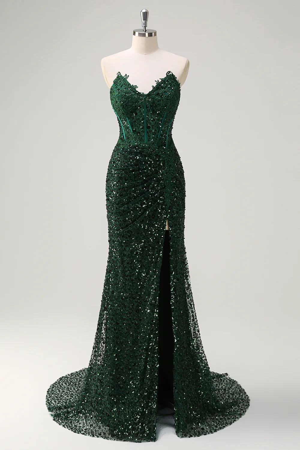 Dark Green Floral Sequined Mermaid Strapless Long Prom Dress with Slit - VNBITS