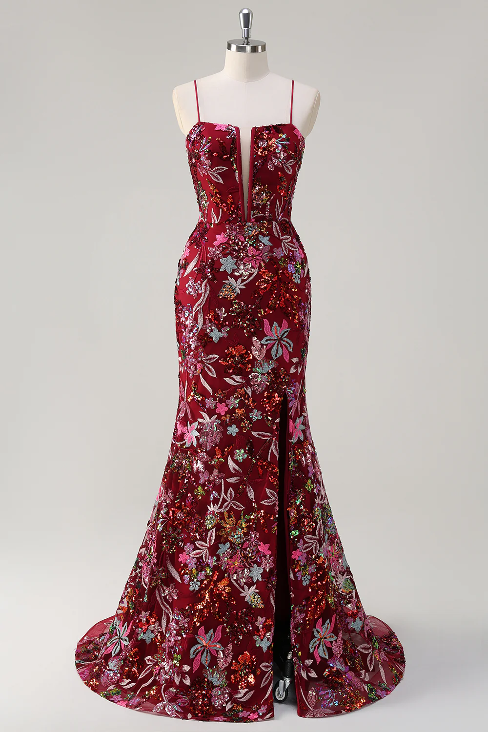 Sparkly Burgundy Floral Mermaid Spaghetti Straps Long Prom Dress with Slit - VNBITS