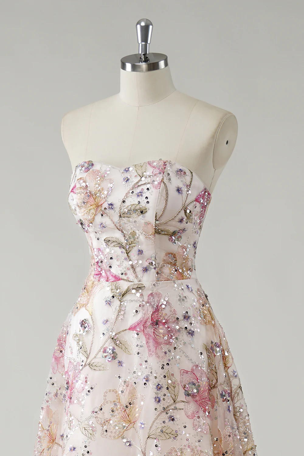 Sparkly Pink Floral A Line Strapless Long Prom Dress - VNBITS