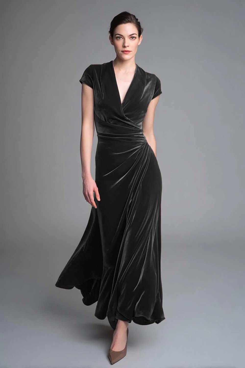 Caramel Velvet Ruched V Neck Long Holiday Party Dress with Sleeves - VNBITS