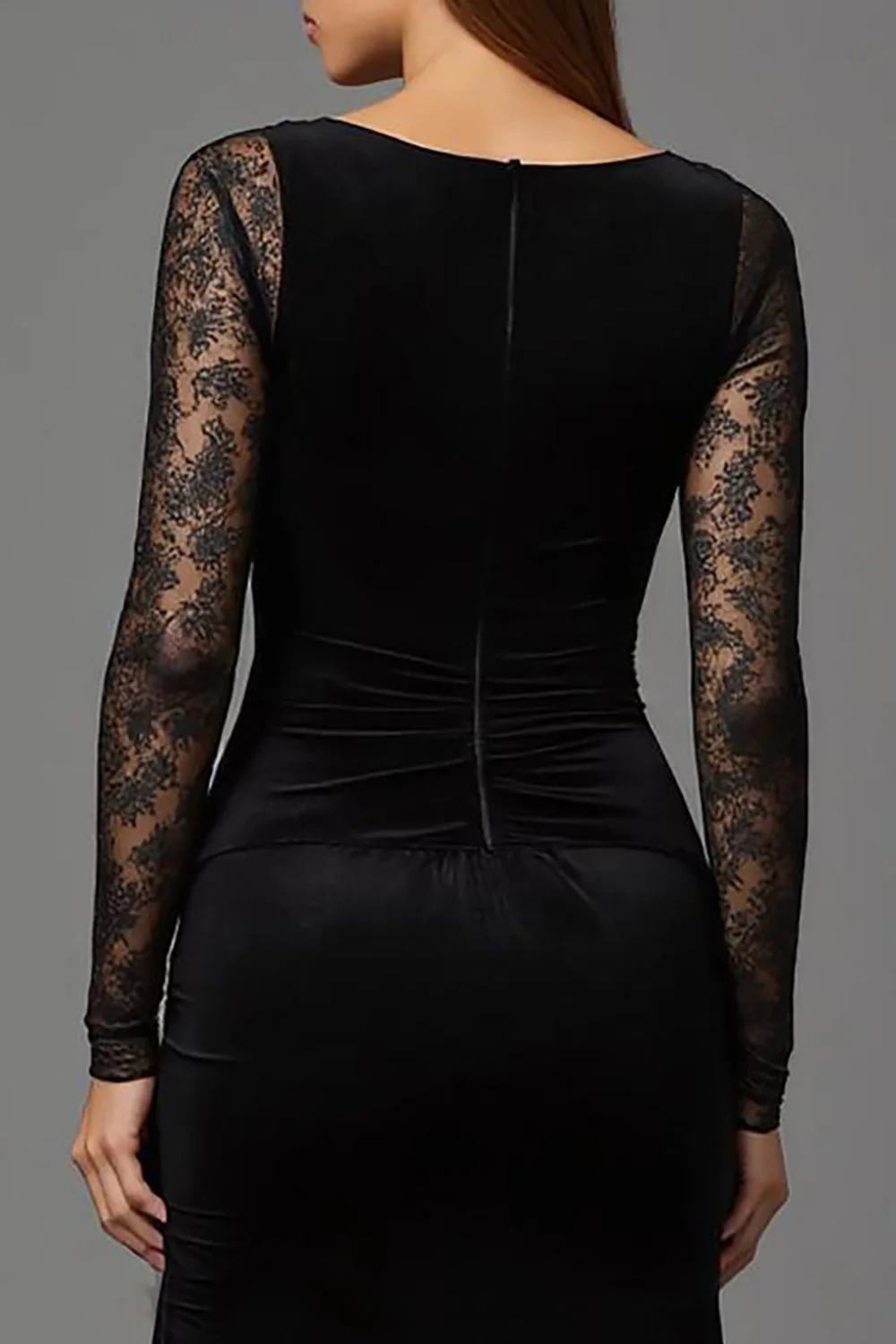 Black Velvet Sheath Illusion Neck Long Formal Dress with Sleeves - VNBITS