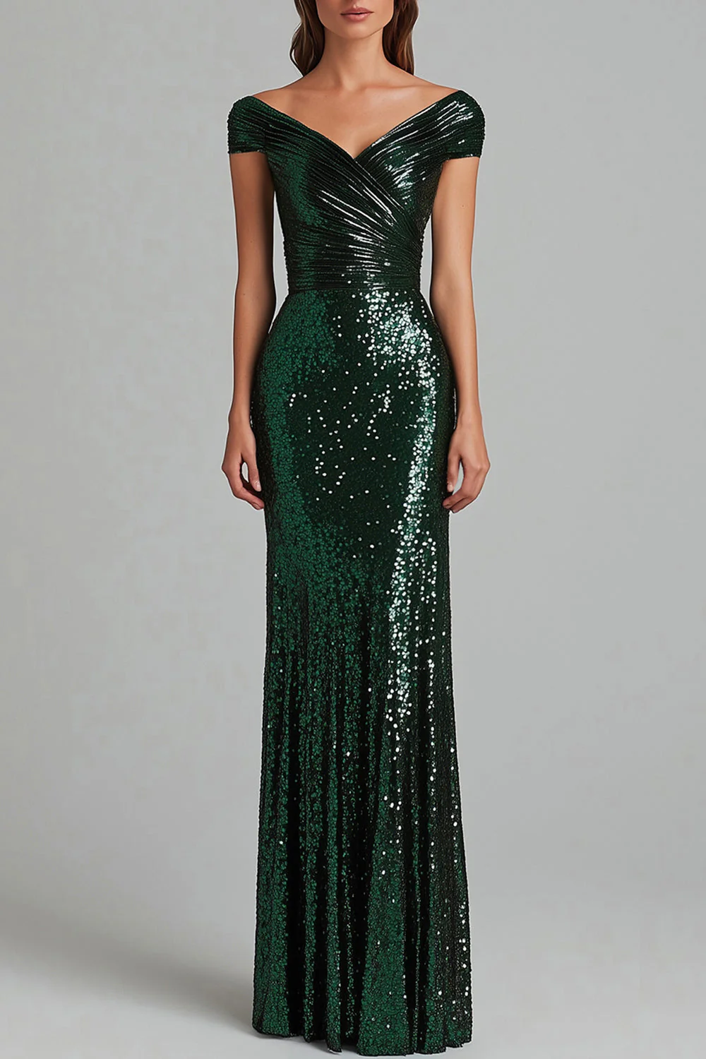 Dark Green V-Neck Mermaid Sequins Ruffles Formal Dress - VNBITS