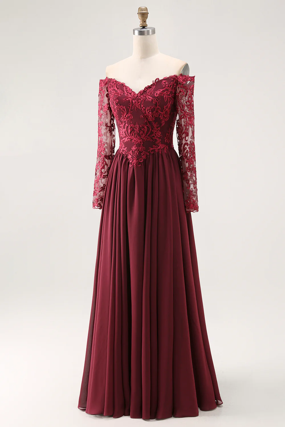 Cabernet Chiffon A Line Long Mother of the Bride Dress with Lace - VNBITS