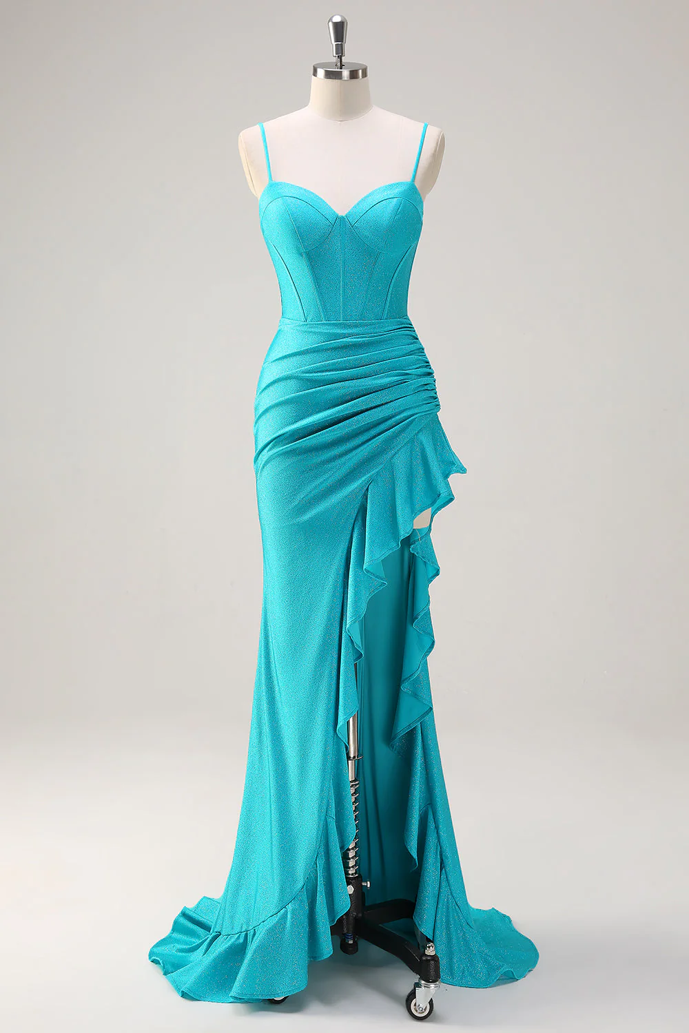 Blue Spaghetti Straps Mermaid Beaded Long Corset Prom Dress with Ruffle Slit - VNBITS