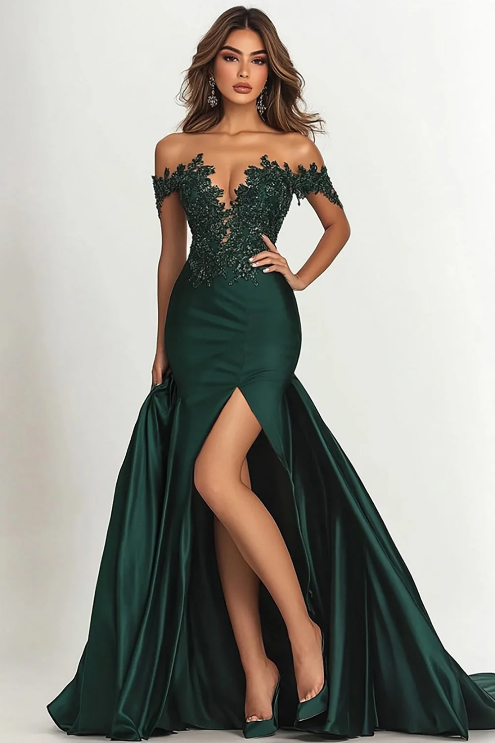 Dark Green Mermaid Satin Off The Shoulder Long Prom Dress with Slit - VNBITS