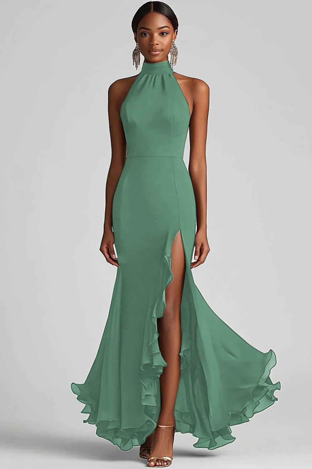 Halter Neck Black Ruffled Mermaid Long Formal Dress with Slit - VNBITS