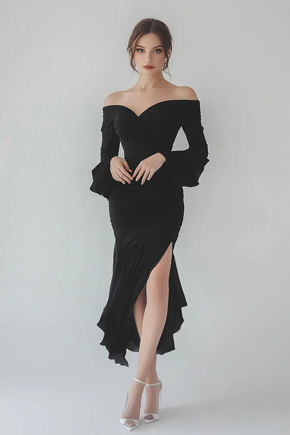 Black Asymmetrical Sheath Formal Dress with Long Sleeves - VNBITS