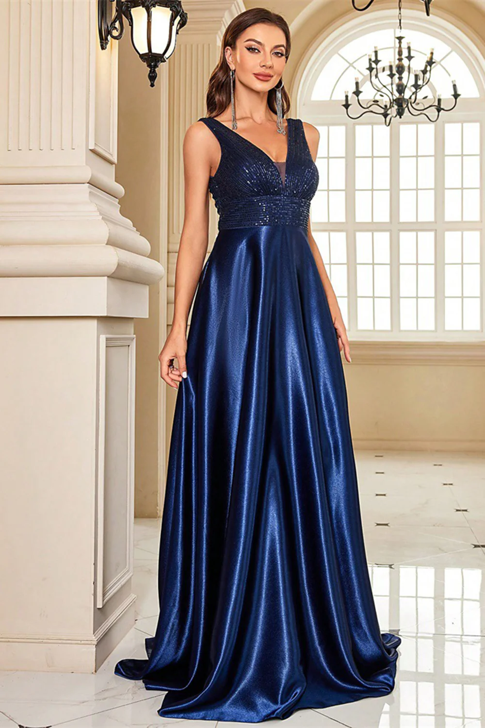 Sparkly Navy A Line Satin V-Neck Long Prom Dress with Beading - VNBITS