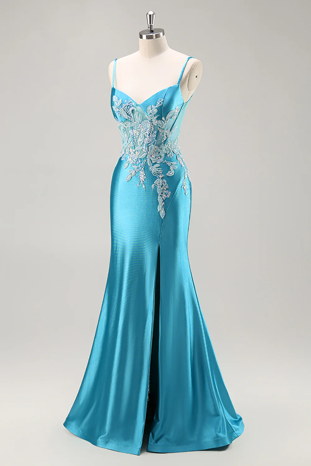 Blue Corset Appliqued Satin Mermaid Long Prom Dress with Slit - VNBITS