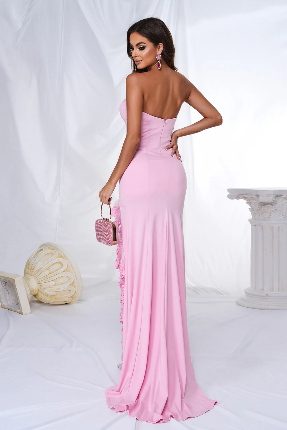 Pink Mermaid Strapless Ruffles Long Prom Dress with Slit - VNBITS