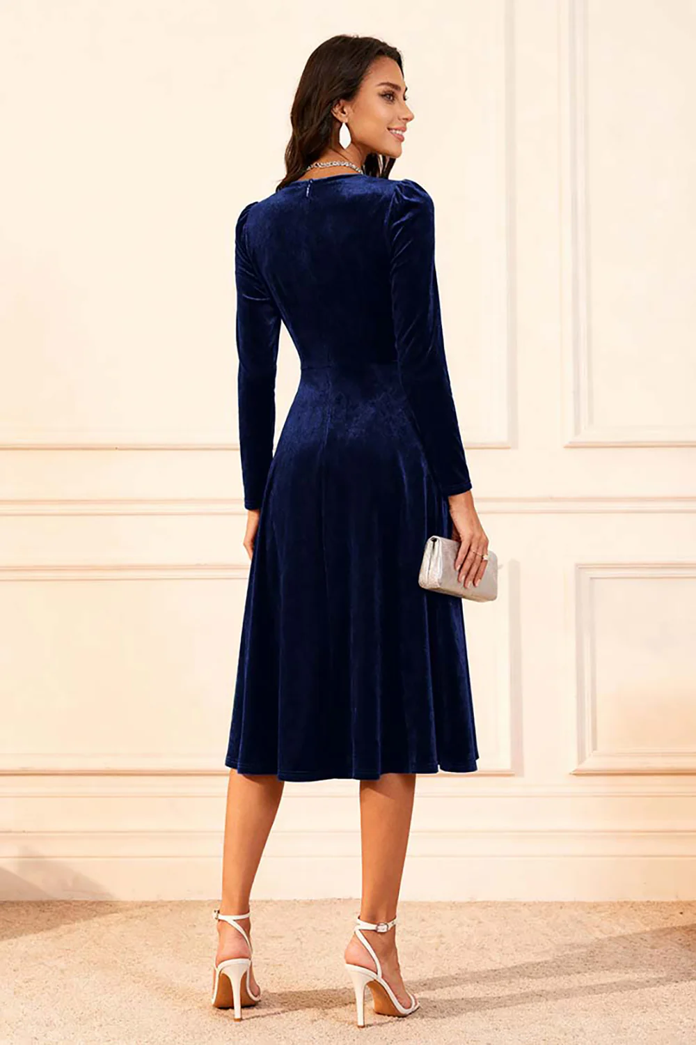 Dark Green A Line Velvet Midi Glitter Holiday Party Dress with Sleeves - VNBITS